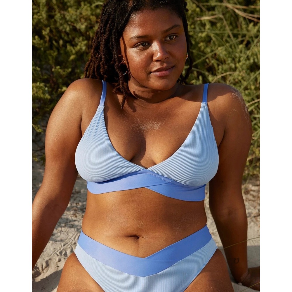 Aerie Real Good Ribbed Triangle Bikini Set Blue Purple L Top / M Bottom‎ Cheeky
